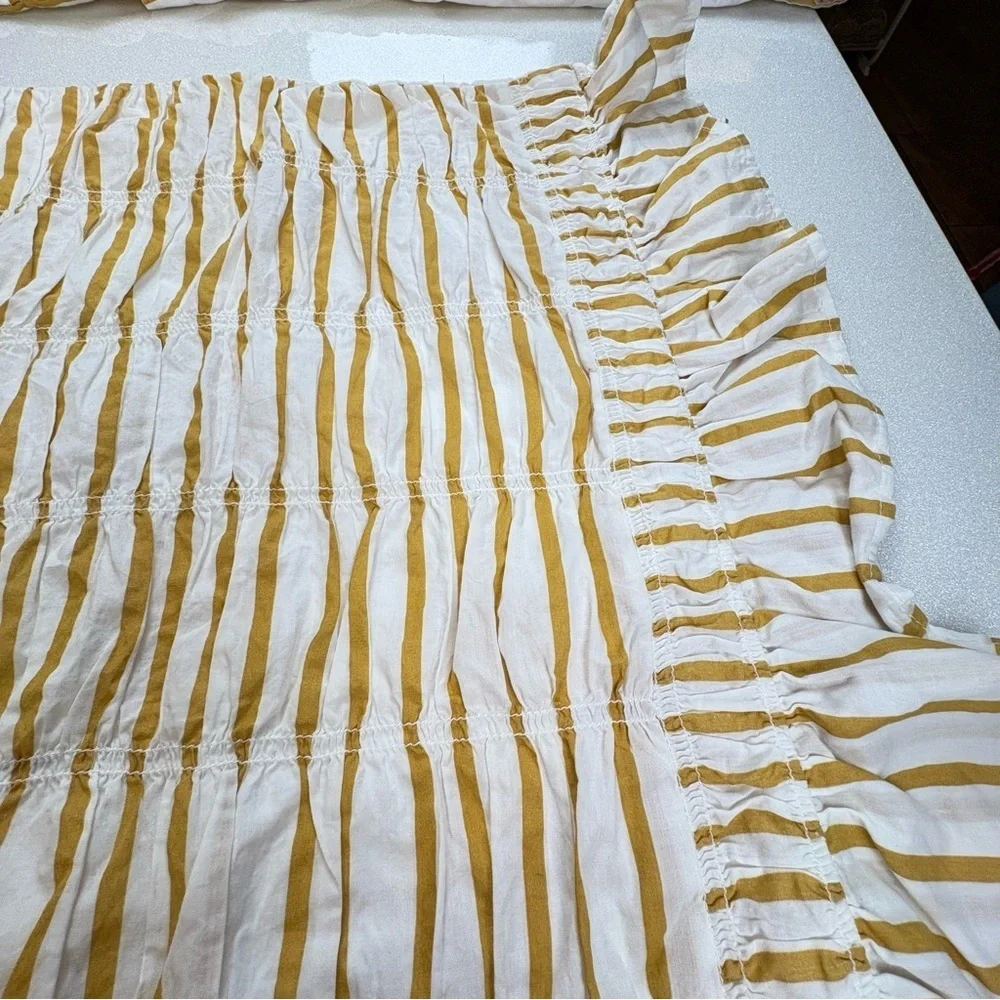 Anthropologie King Pillow Shams Mustard and White Striped Tie backs 100% Cotton